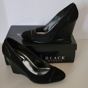 WHBM Annabelle Wedge Black Suede with Patent Leather Trim Shoes size 7.5